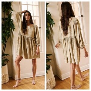 Free People Get Obsessed Mini Dress Small Cream Tan Sundress with Bishop Sleeves